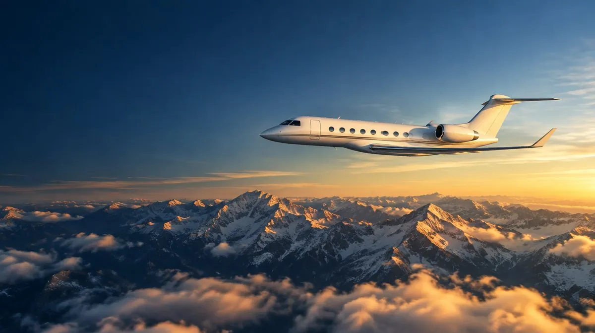 Private jet flying above snow-capped mountains at sunset