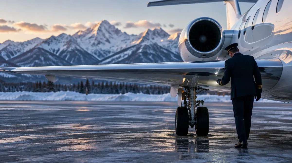 Piloto haciendo la inspección exterior de un jet privado en una plataforma nevada de montaña