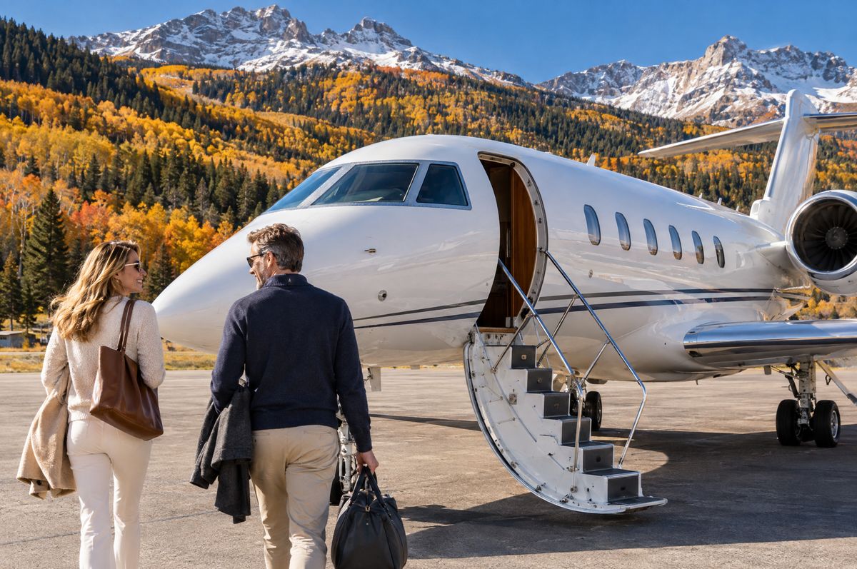 Golden aspens in fall, a couple boarding a private jet